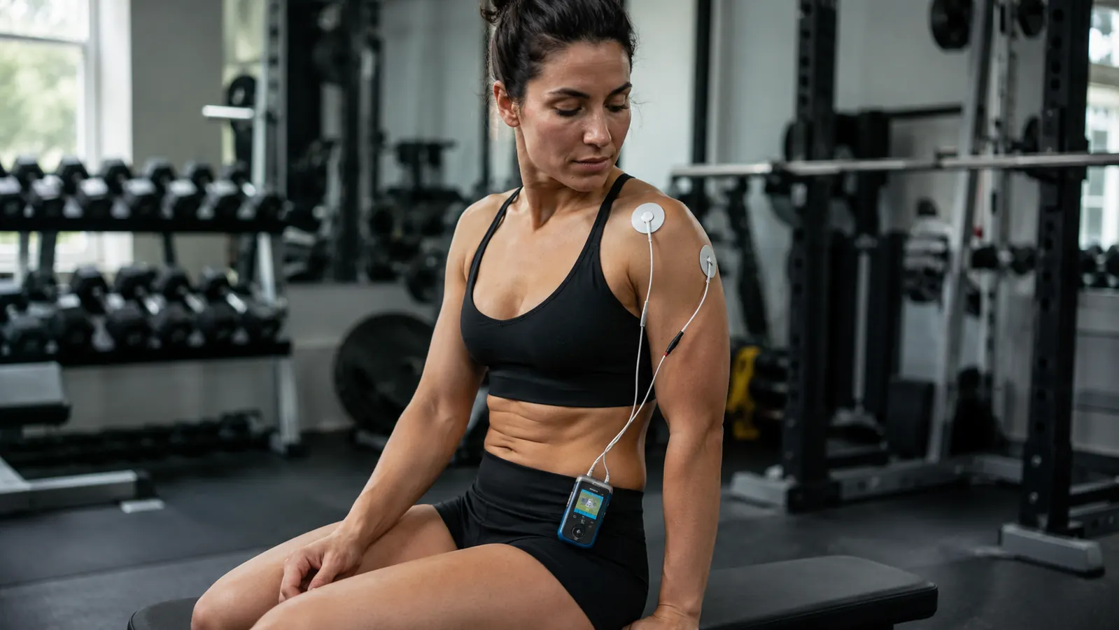 Athlete using a TENS unit on their shoulder while sitting at a gym bench between sets