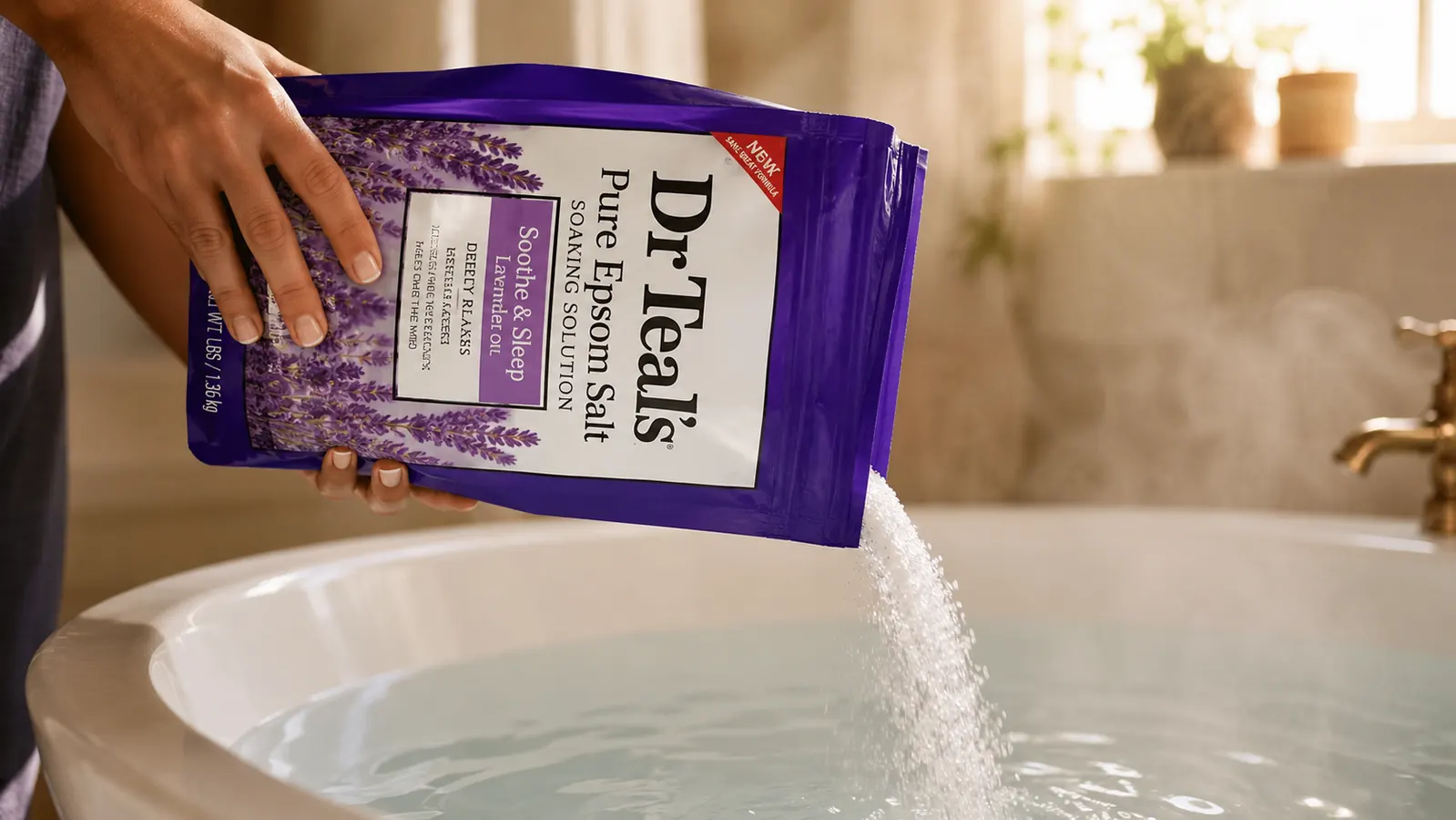 Hand pouring epsom salt from a purple bag into a running bathtub with steam rising