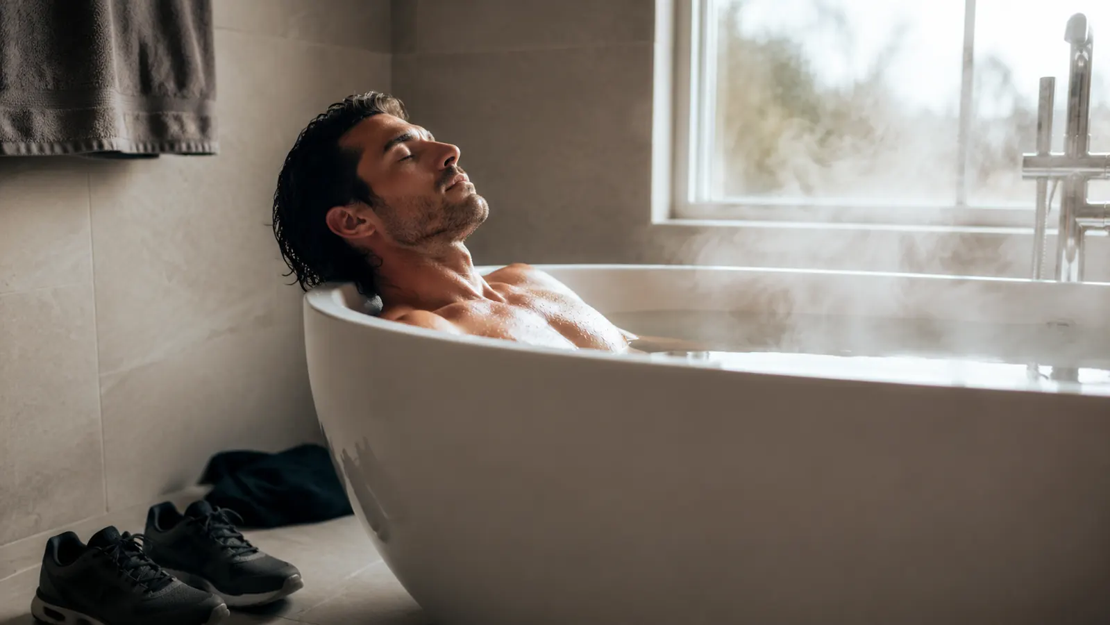 A person relaxing in a bath after a workout, eyes closed, arms resting on the tub edges