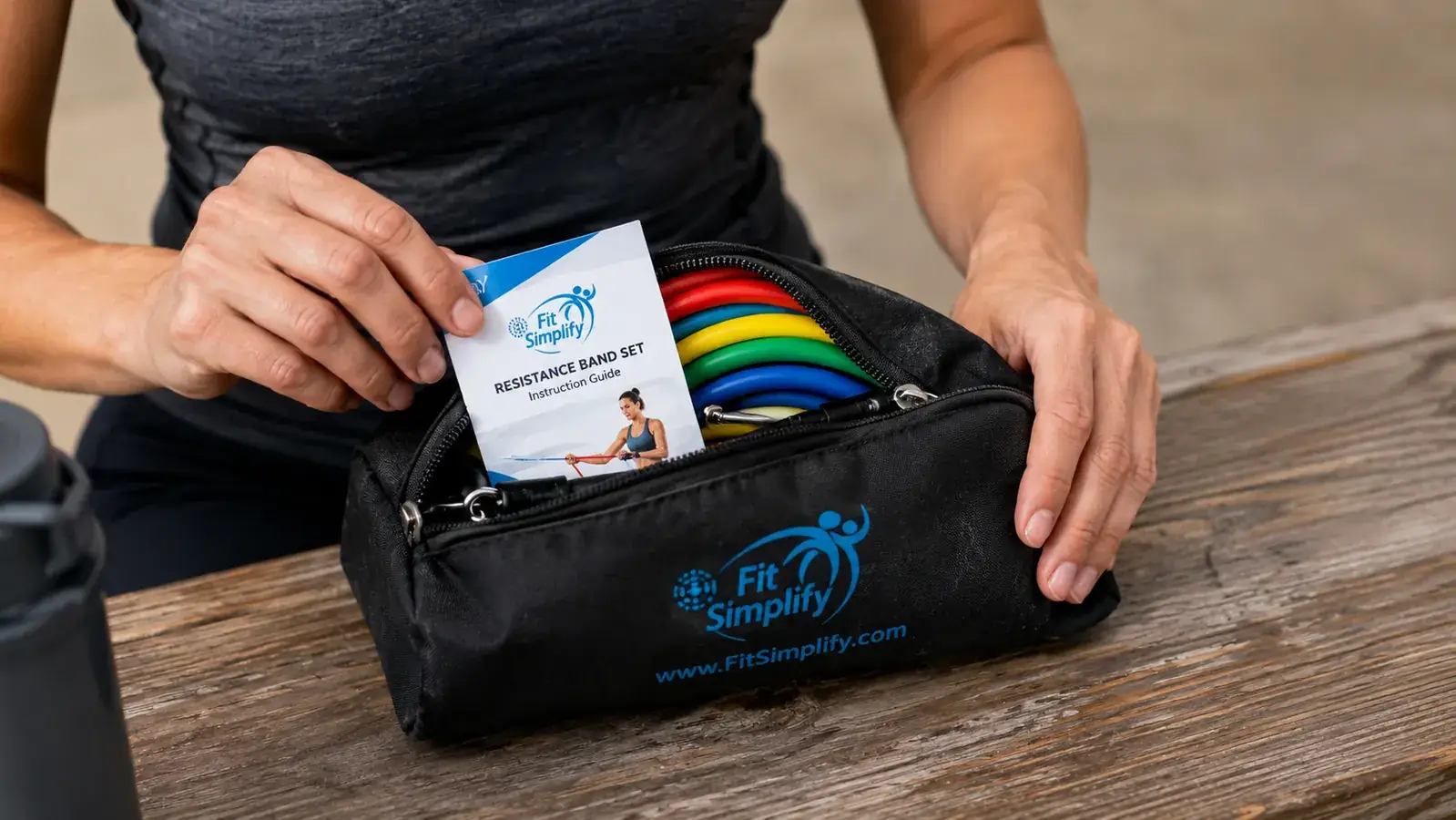 Resistance band carry bag shown unzipped with bands and instruction card spilling out on a bench