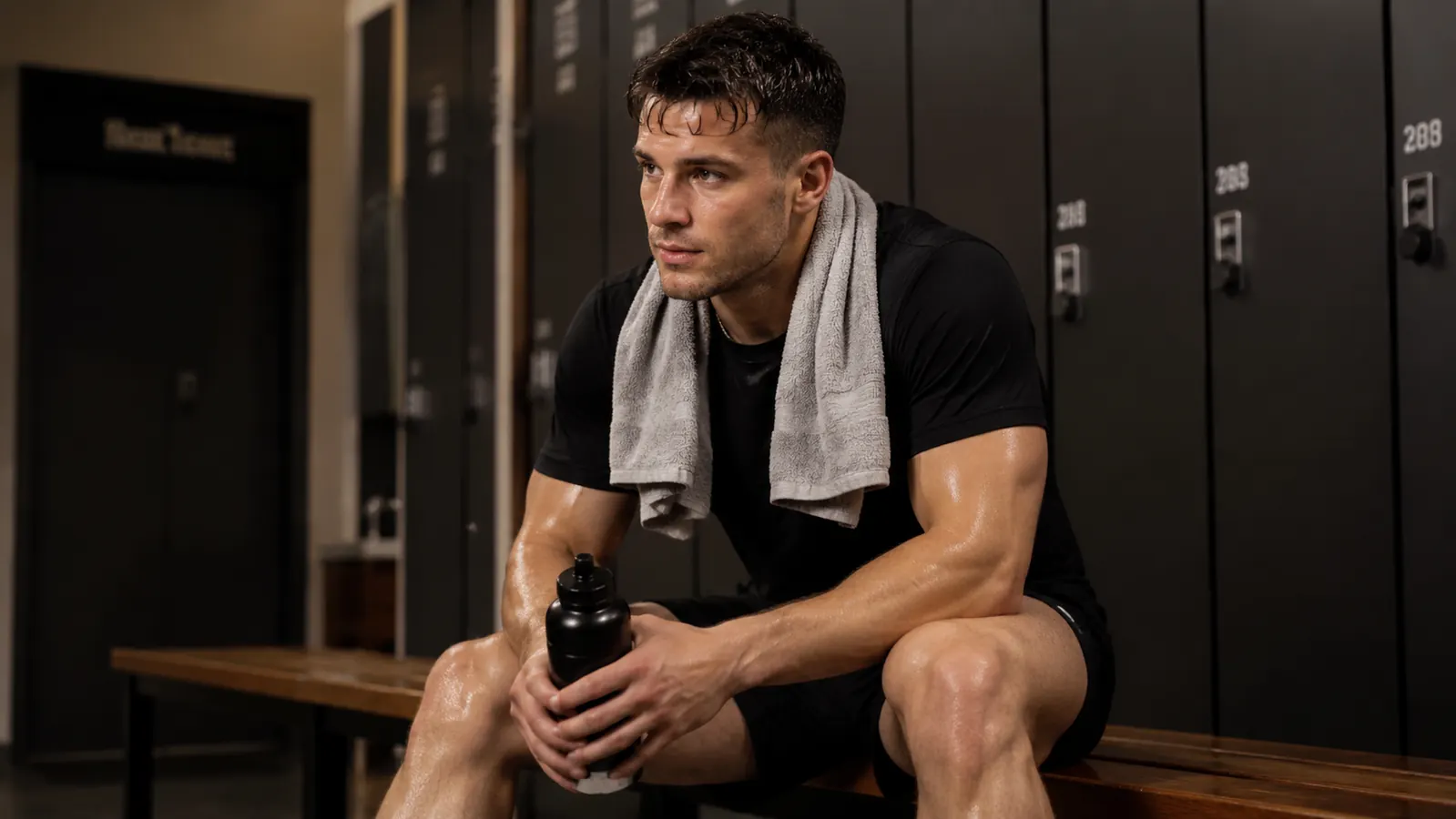 Athlete sitting on a gym bench post-workout, drinking water and looking relaxed, gym bag at feet