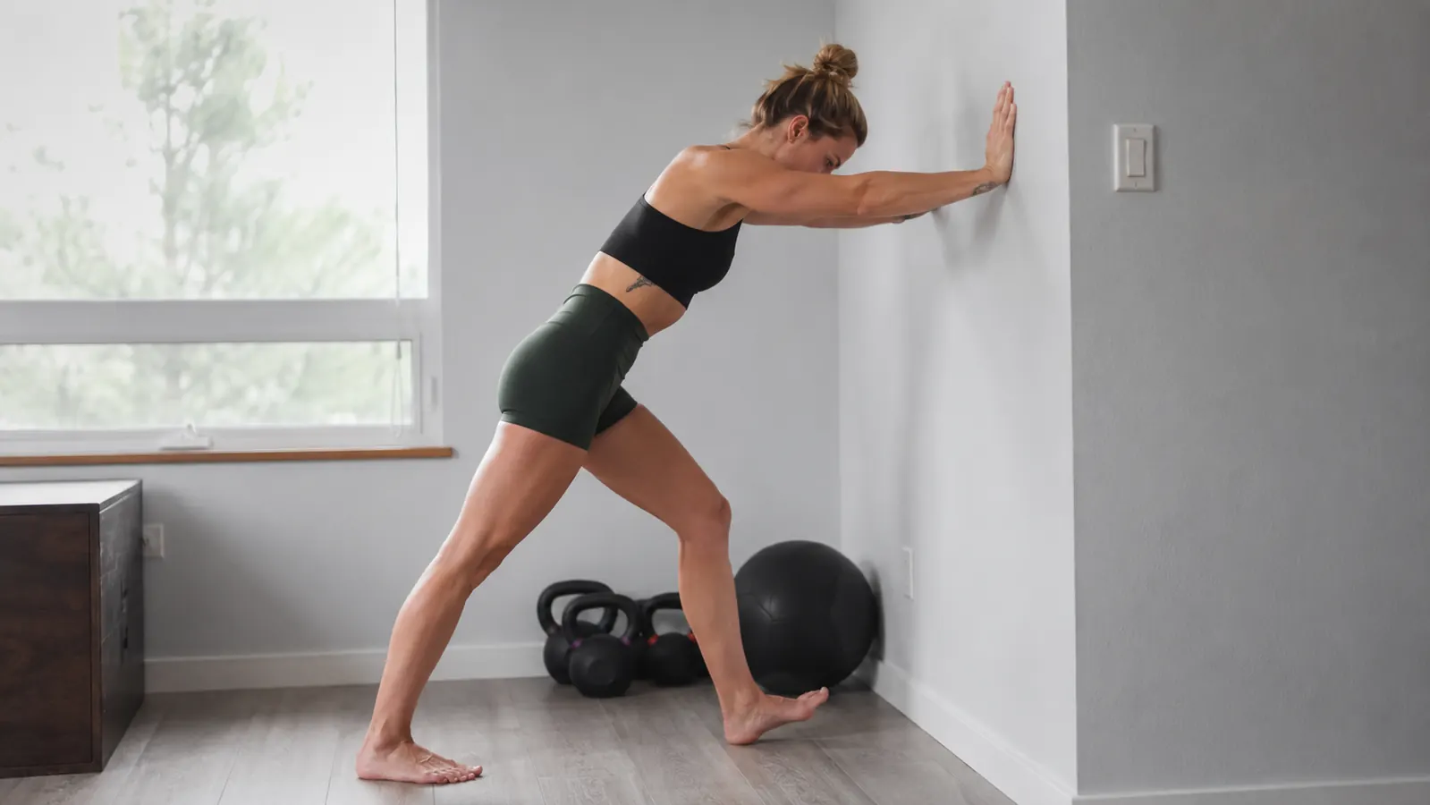 Person doing a standing calf stretch against a wall after a rolling session, shoes off