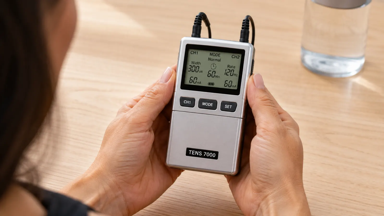 TENS 7000 unit showing the intensity dial and mode buttons with electrode pads connected
