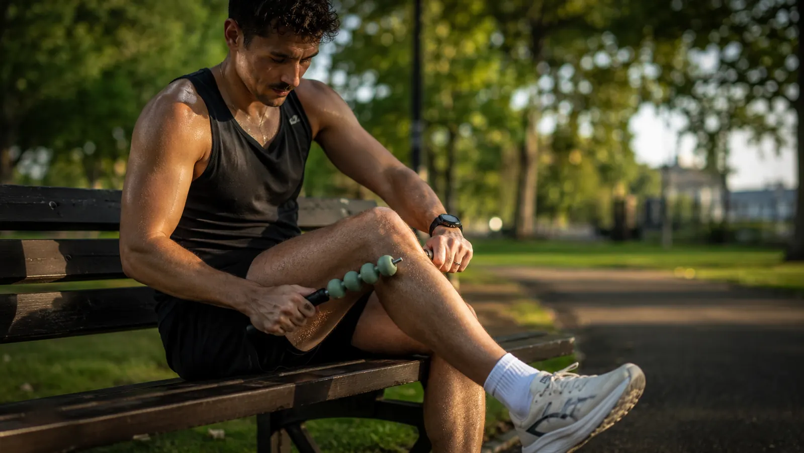 Runner using a muscle roller stick on tight calf muscles after a run outdoors