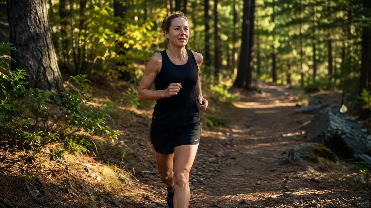Runner on a trail smiling and looking comfortable midway through a morning run