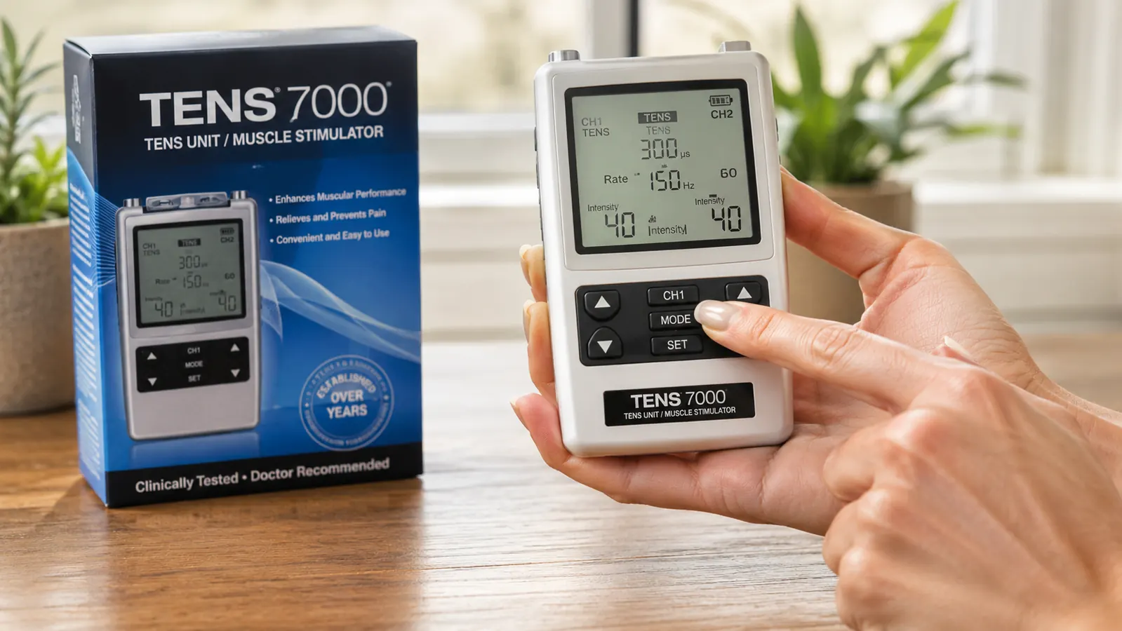 Hand holding the TENS 7000 device showing the mode selector button and digital display up close