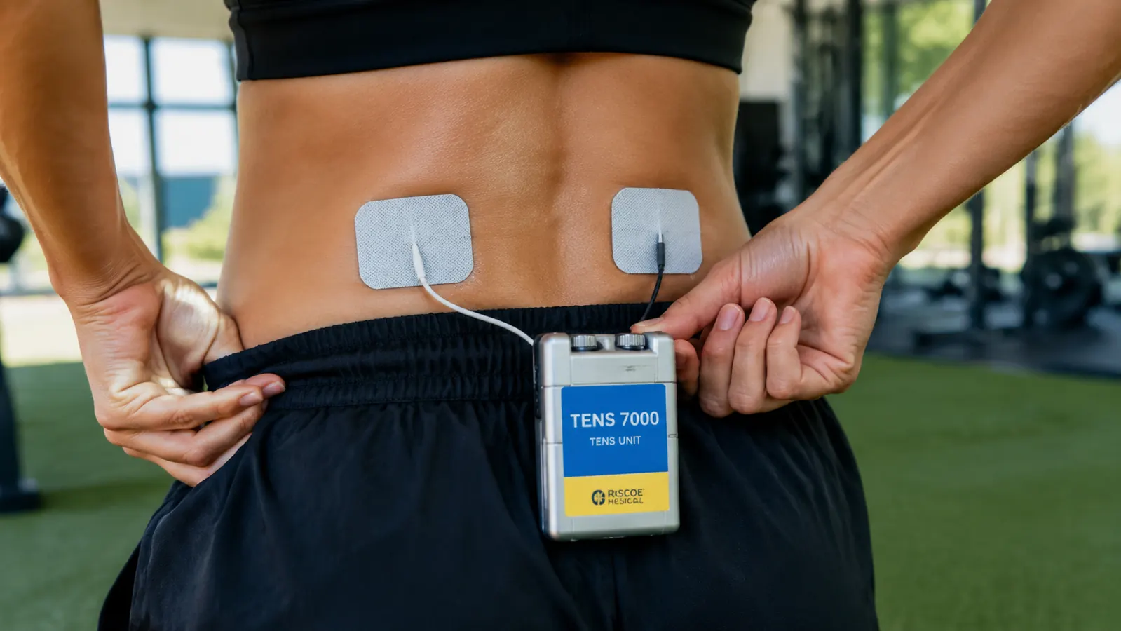 Hand clipping the TENS 7000 belt clip onto athletic shorts while electrode pads are already placed on lower back