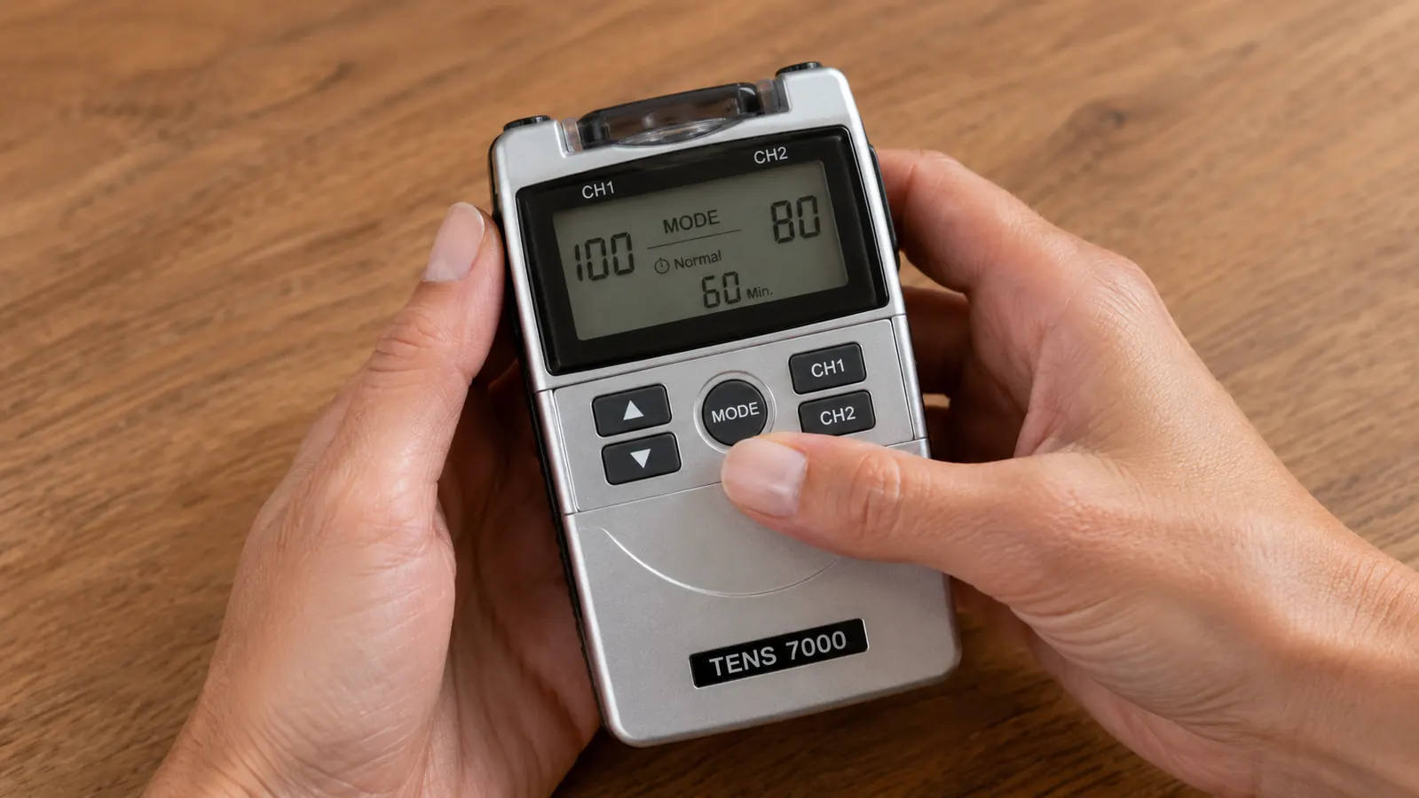 Close-up of the TENS 7000 digital display showing intensity setting 7 and the selected massage mode