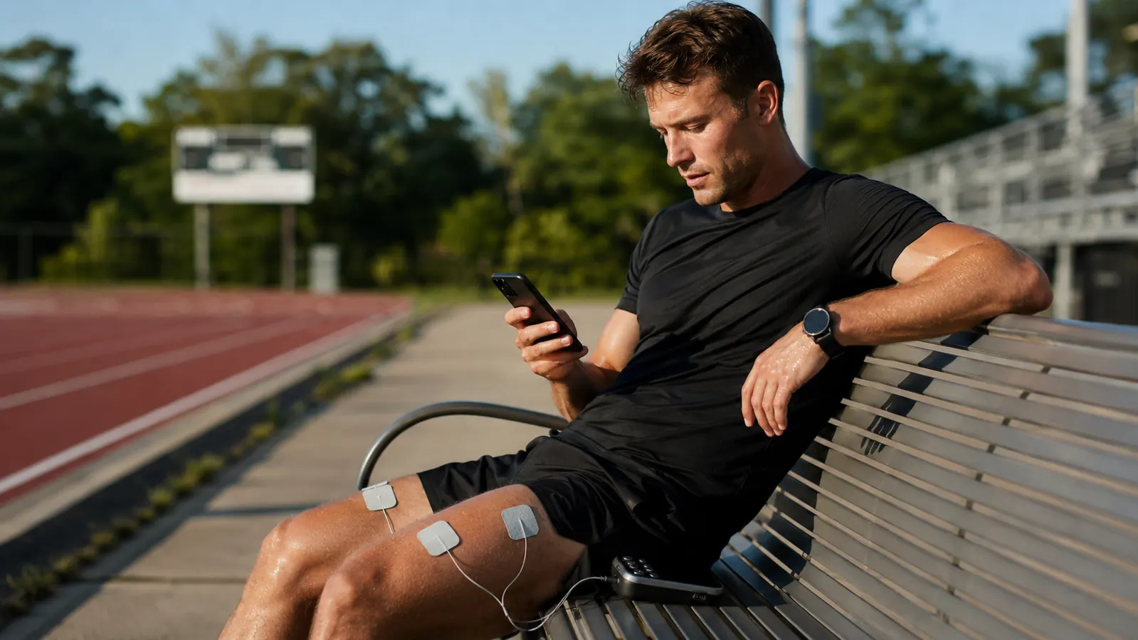 Runner sitting on a track bench using a TENS unit on their quad muscle after a training session